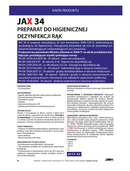 JAX 34 płyn do rąk 500ml - do dezynfekcji rąk Szpital Dom