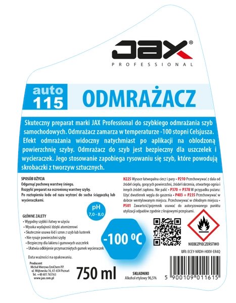 JAX 115 Odmrażacz 750ml - płyn szybko roztapia lód z szyb
