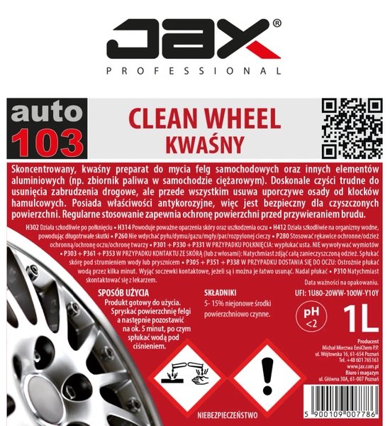JAX 103 Clean Wheel K 1L - kwaśny płyn mycie felg aluminium