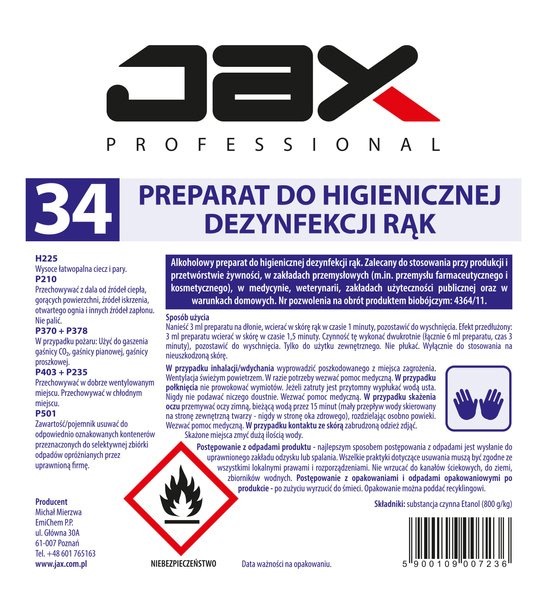 JAX 34 płyn do rąk 500ml - do dezynfekcji rąk Szpital Dom