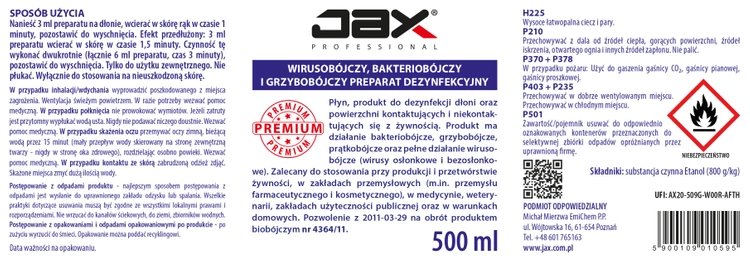JAX Premium 500ml - preparat dezynfekcyjny wirusy bakterie
